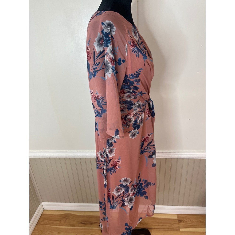 Lulus Dusty Rose Floral Faux Wrap Midi Dress Tie Front Keyhole Small NEW - Picture 9 of 12